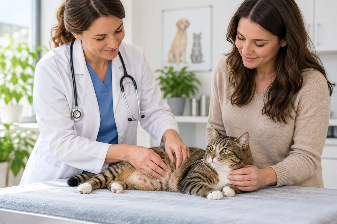 Veterinarian examining a cat alongside its owner